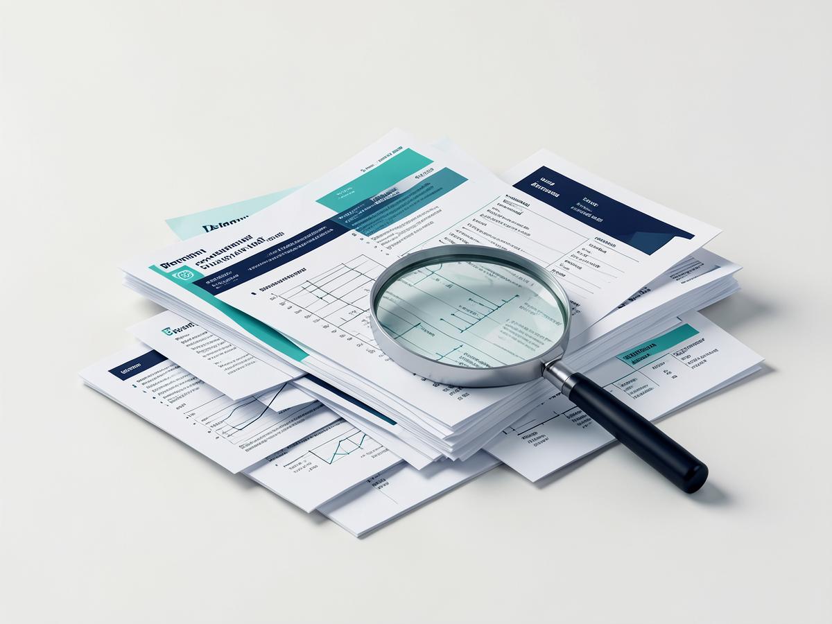 Pile de fiches techniques dispersées examinée à la loupe